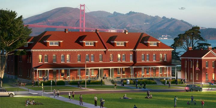 a large building with a red roof and a red bridge in the background