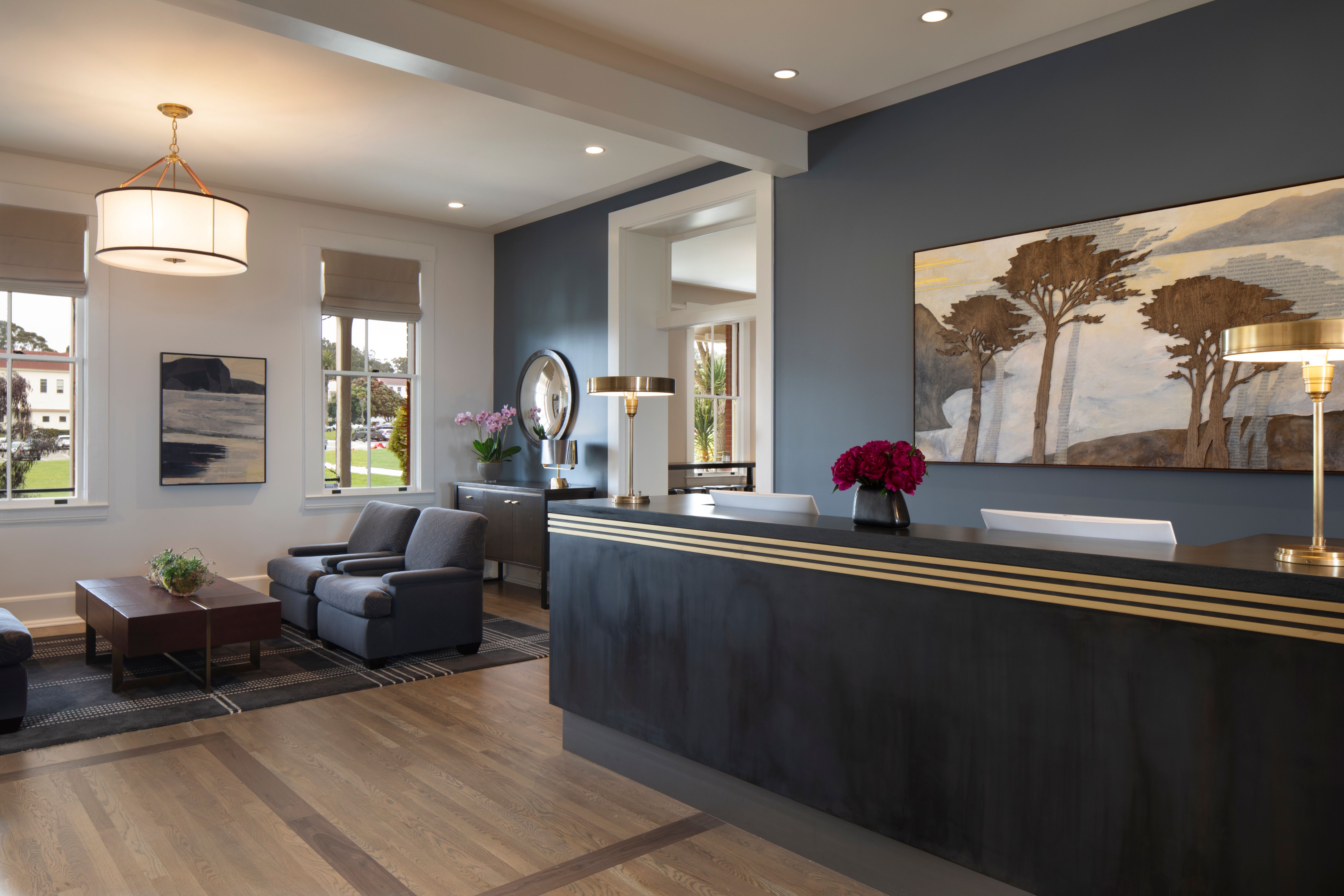 a reception desk in a hotel