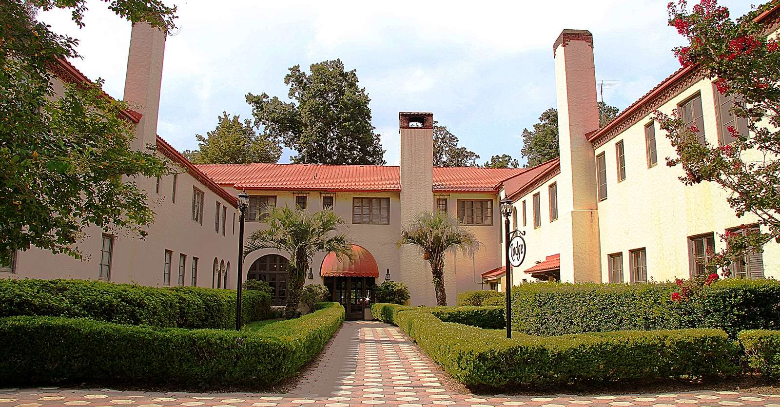 a large building with a red roof