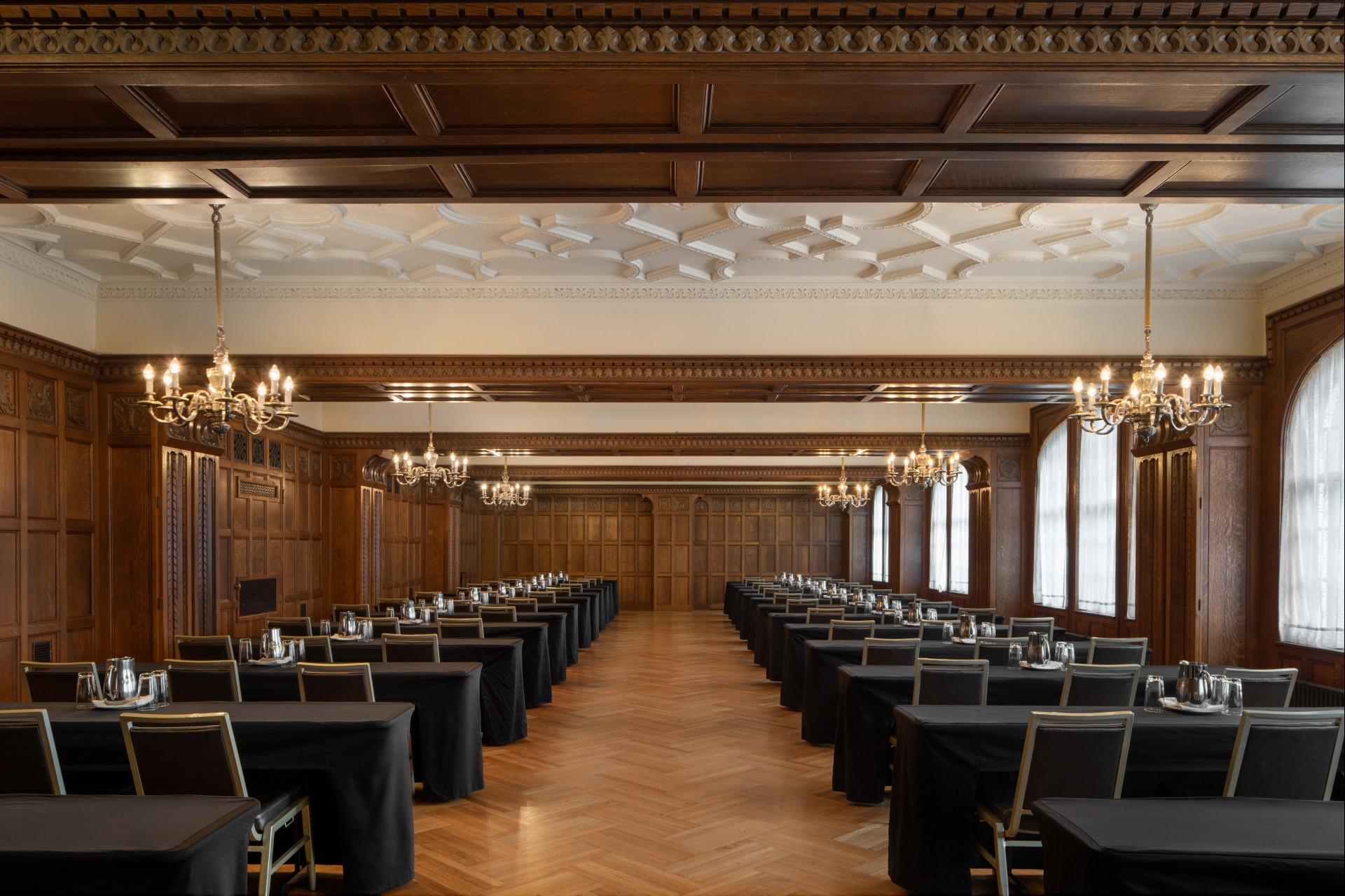 a room with tables and chairs