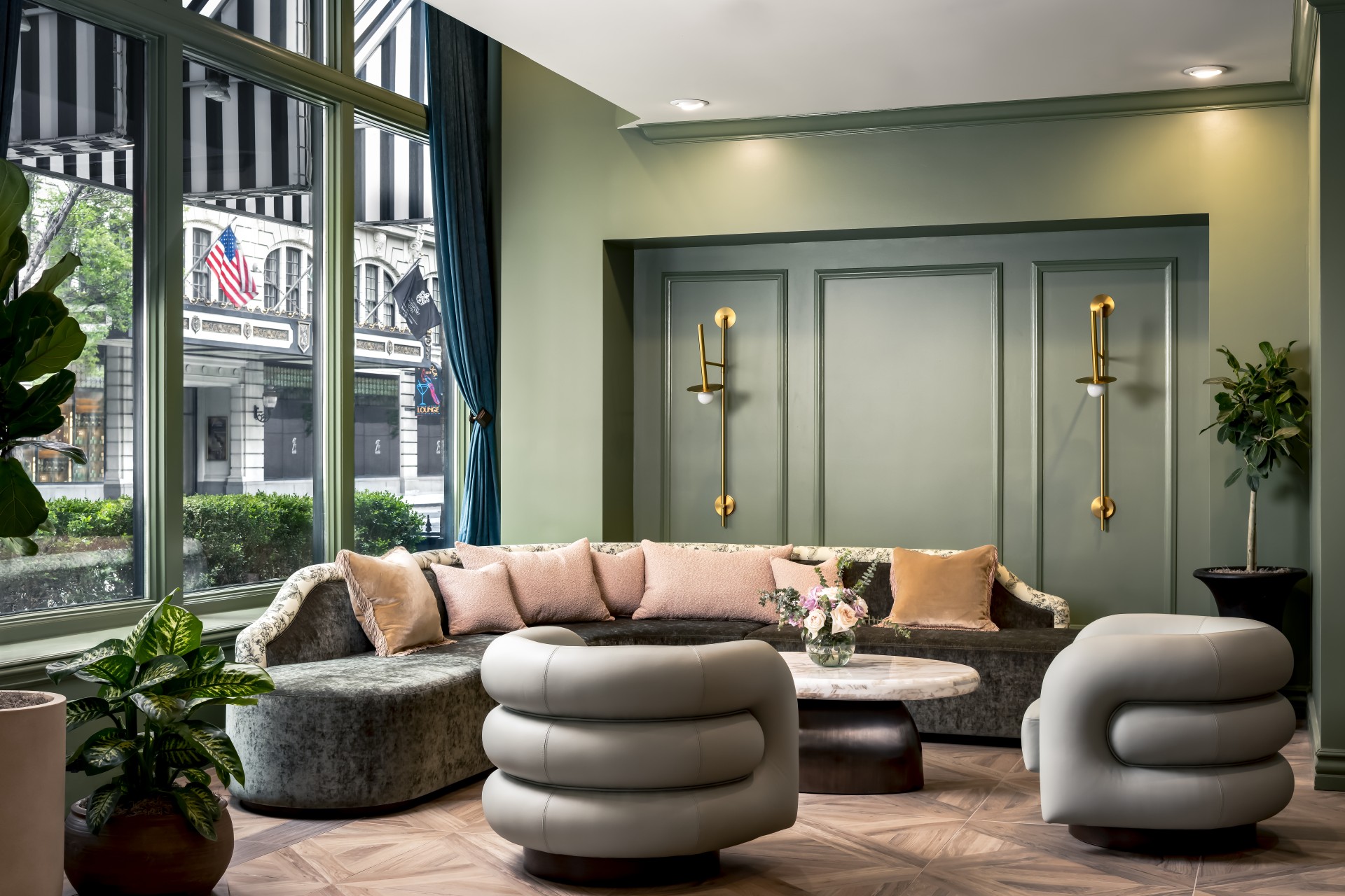 a room with a couch and a coffee table