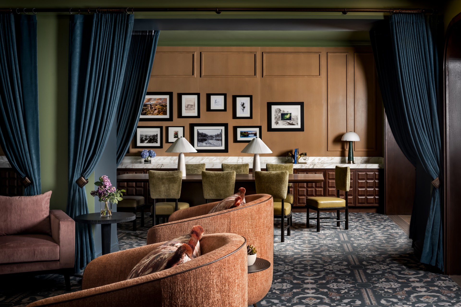 a room with chairs and tables