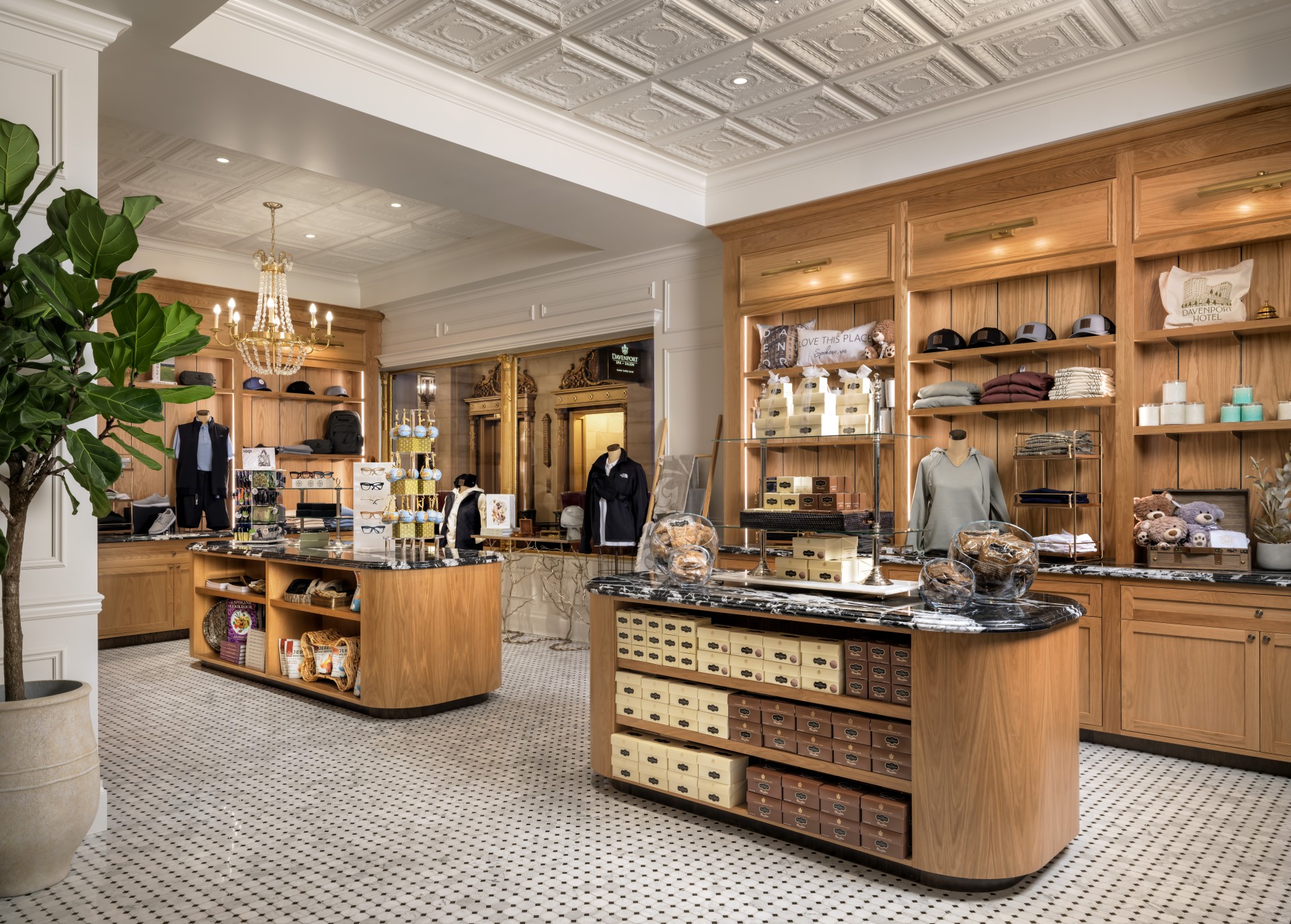 a store with shelves and shelves with clothes and hats