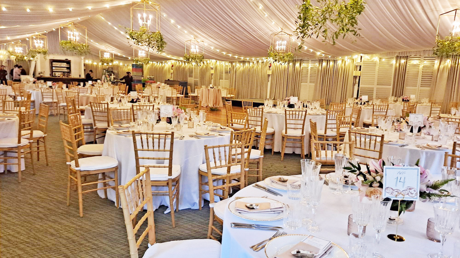 a large room with tables and chairs
