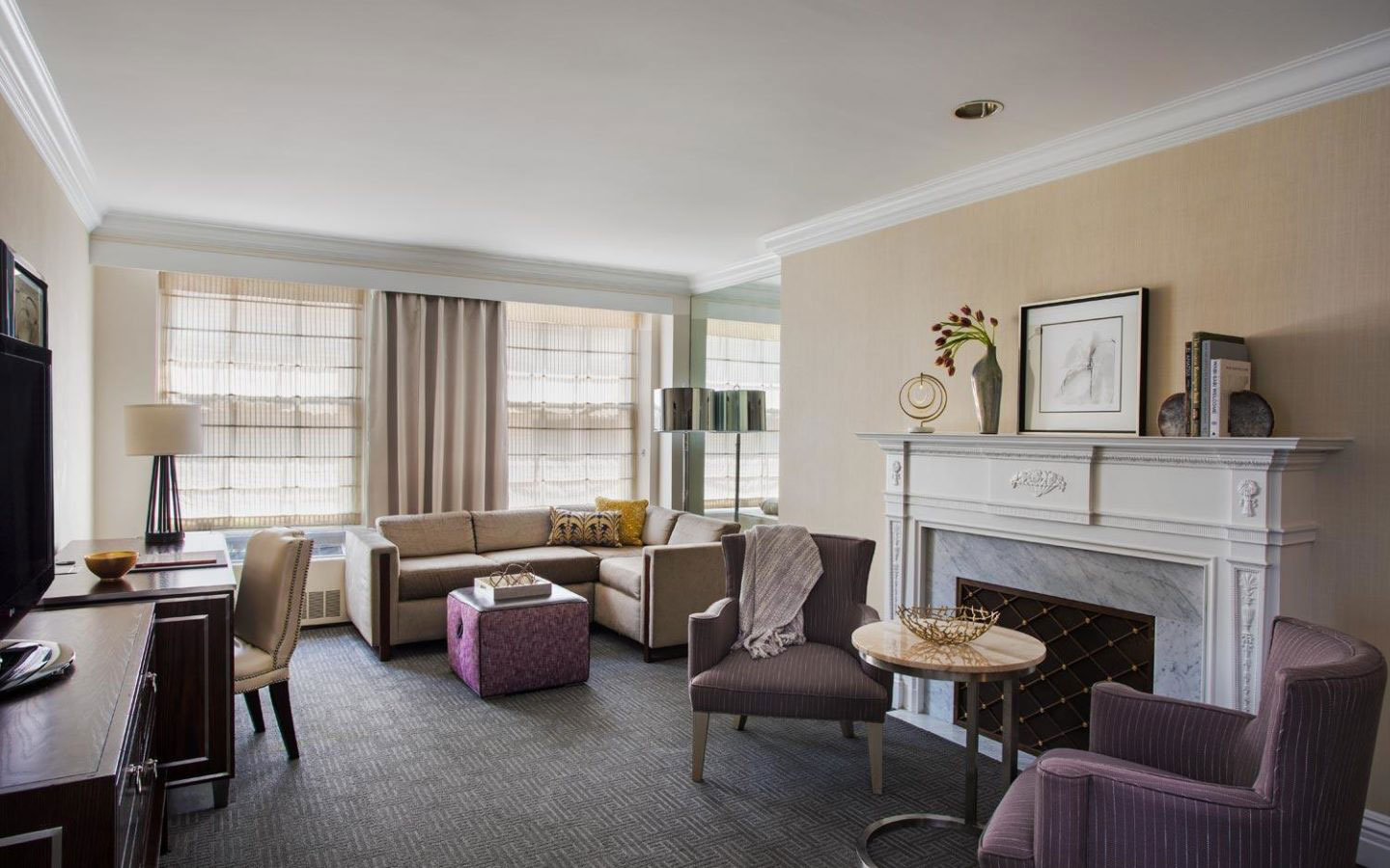 a room with a fireplace and couches