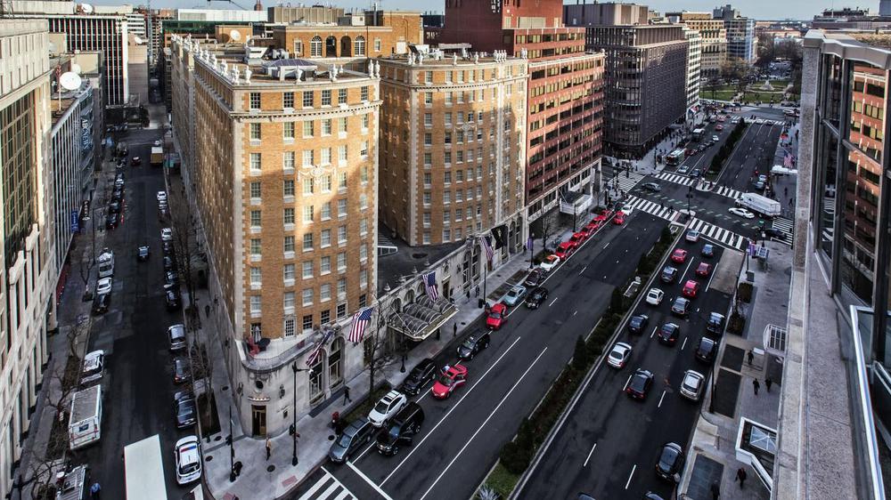 a high angle view of a city street