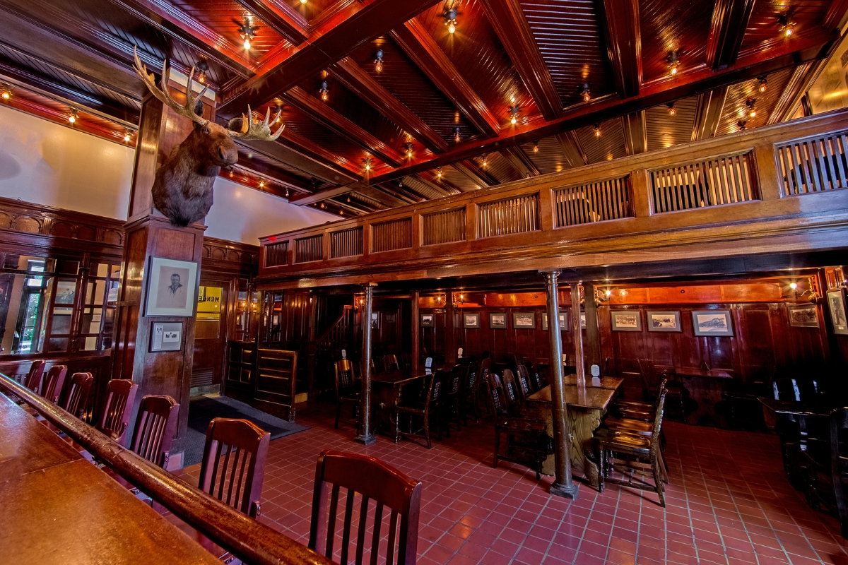 a room with a large moose head on the wall