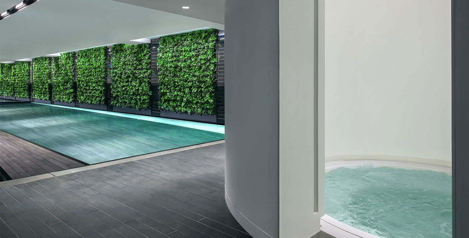 a indoor jacuzzi with a wall of plants