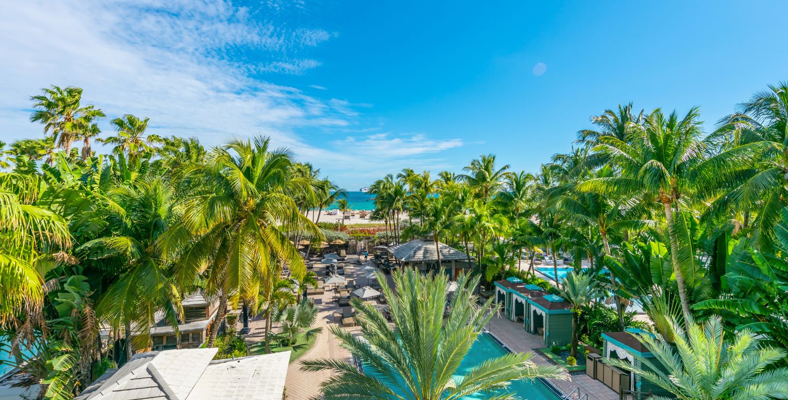 a pool and palm trees with a beach and blue sky