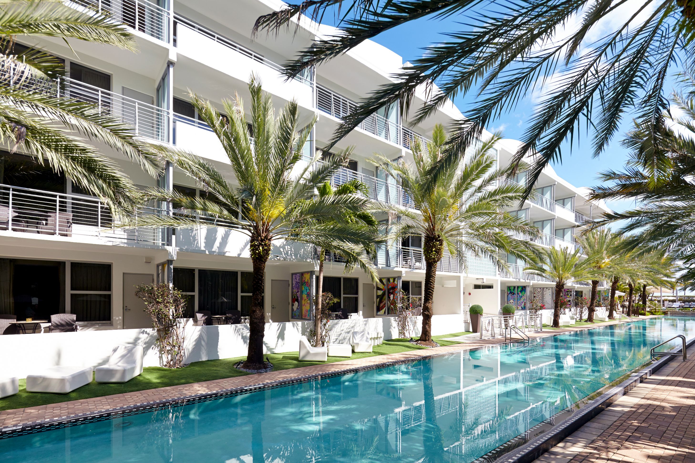 a pool in front of a building