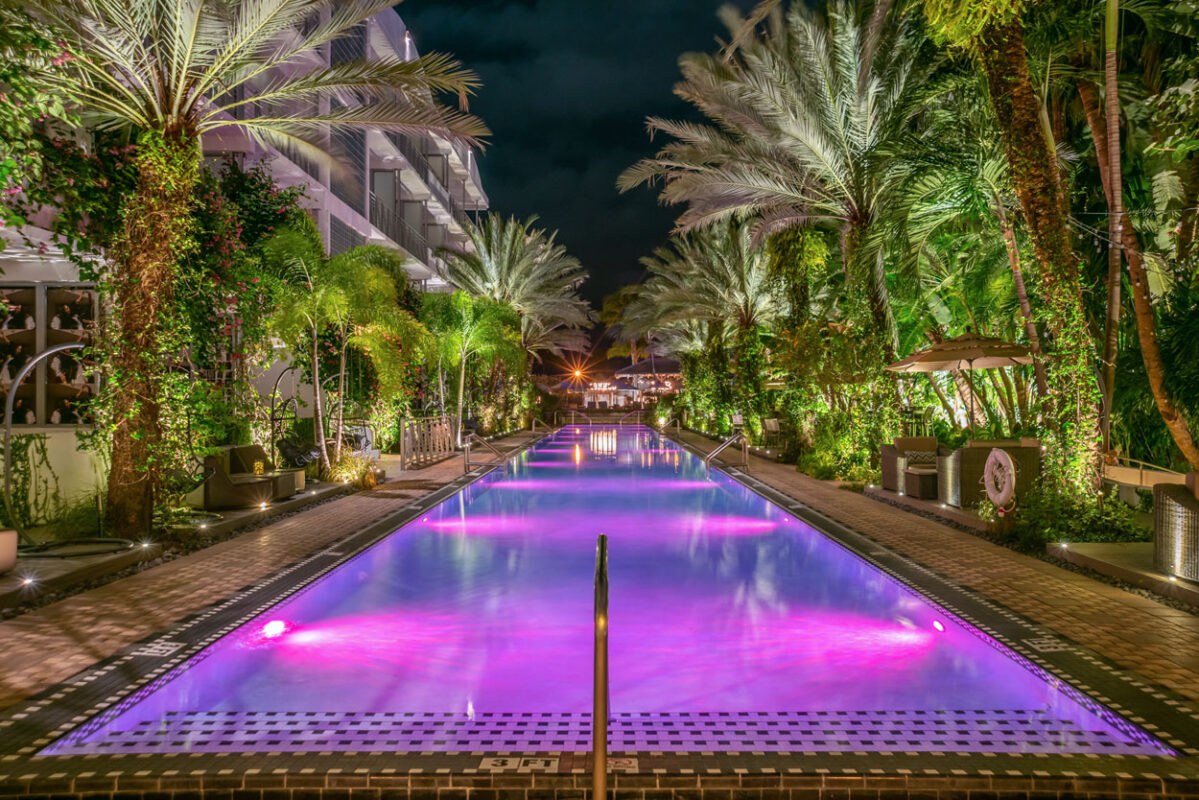 a pool with purple lights and palm trees