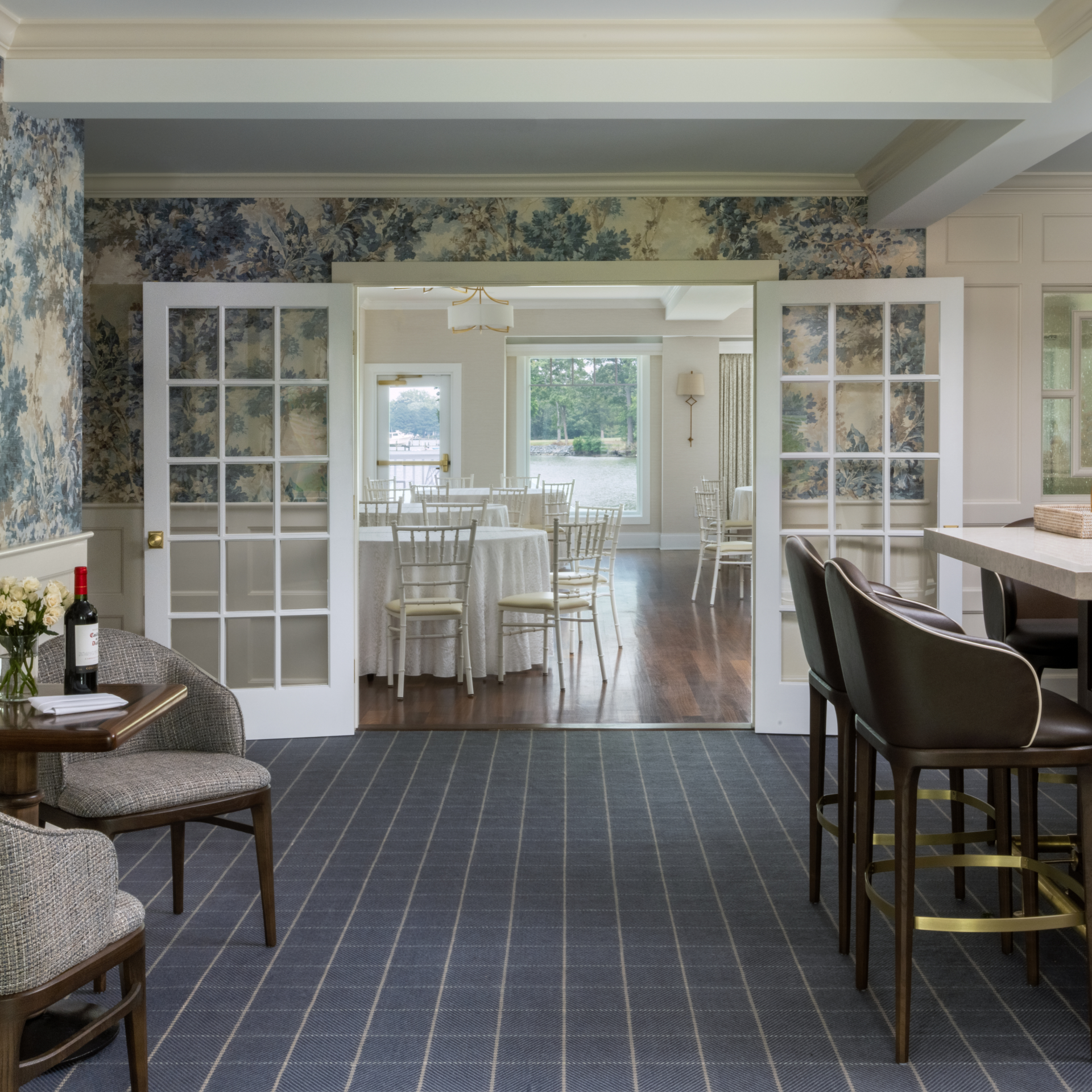 a room with chairs and tables