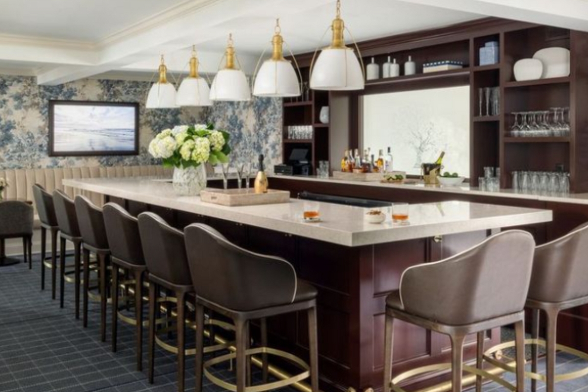 a bar with chairs and a counter