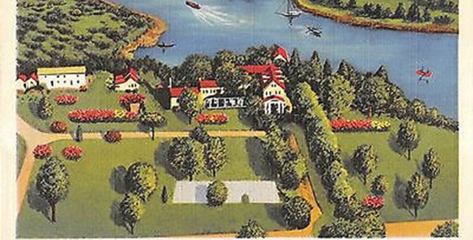 a painting of a house and a lake