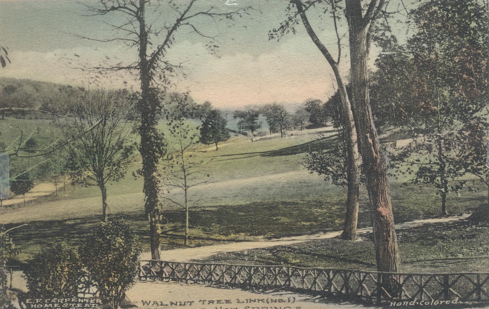 a park with trees and a fence