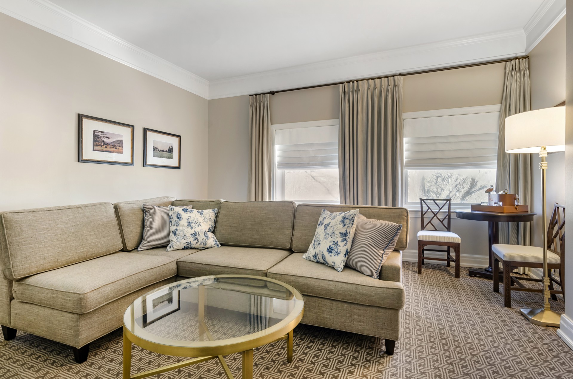 a living room with a couch and a table