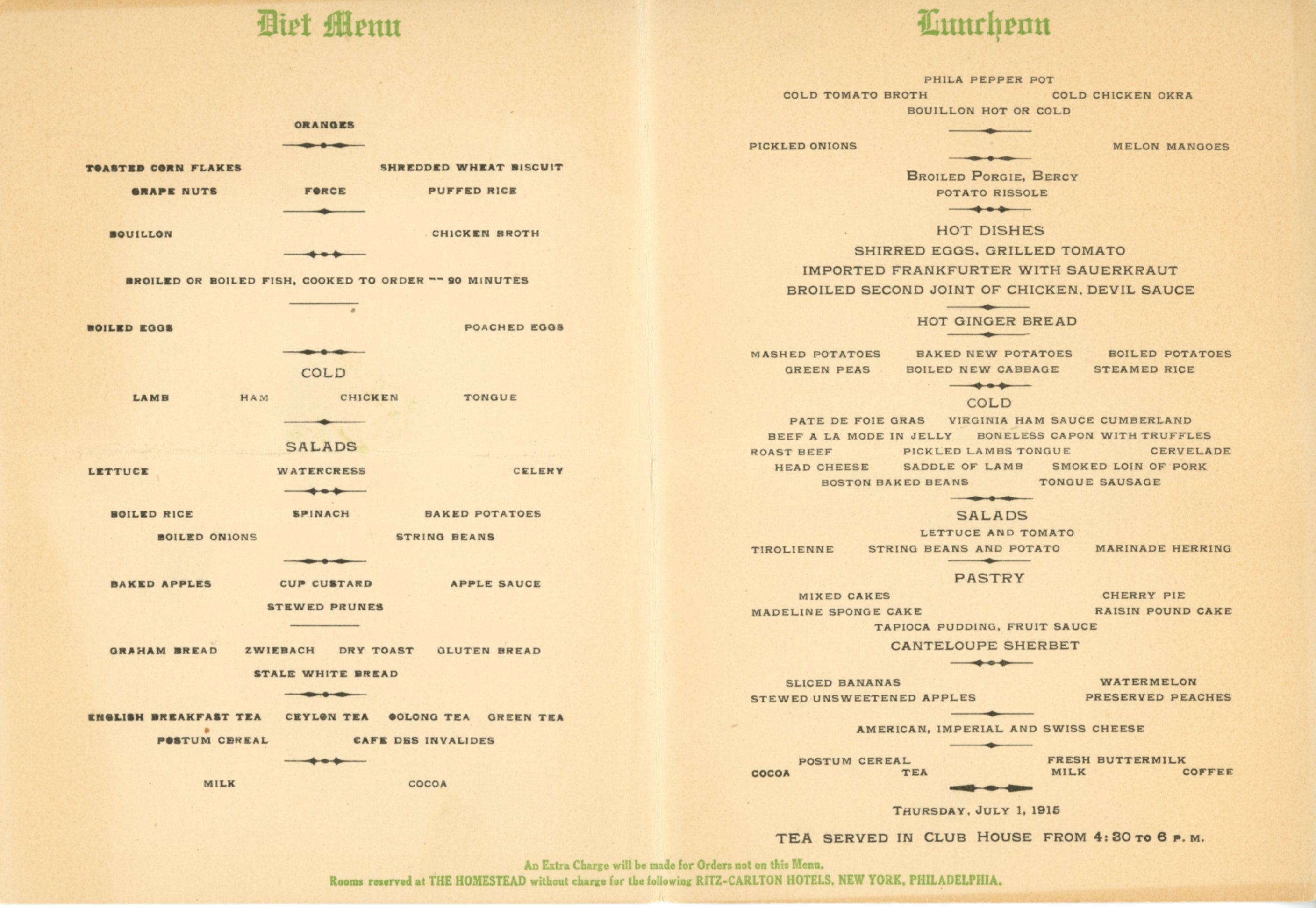 Vintage paper menu dated July 1, 1915, featuring a 'Diet Menu' on the left side and a 'Luncheon' menu on the right.