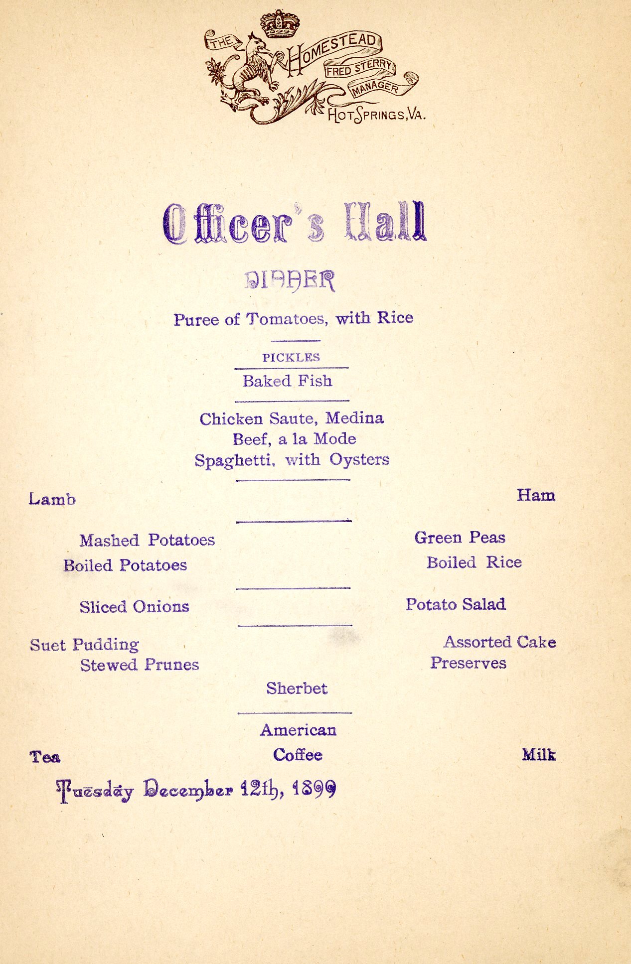 Vintage dinner menu for Officer's Hall at The Homestead dated Tuesday, December 12th, 1899.