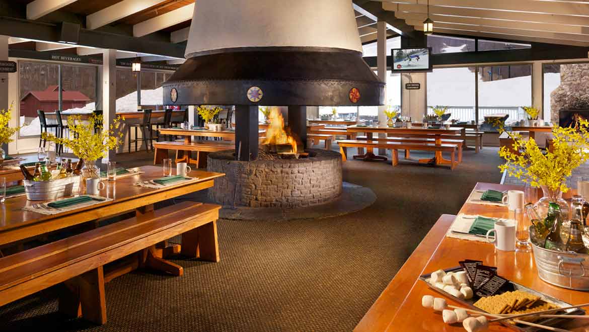 a large fireplace in a restaurant