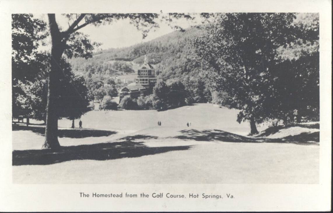 a golf course with trees and people