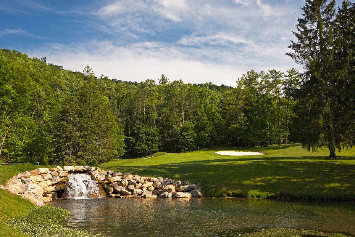 a water fall on a golf course