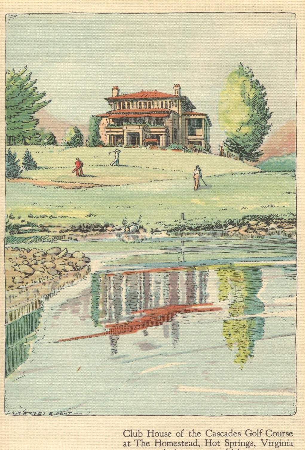 a painting of a house and a pond