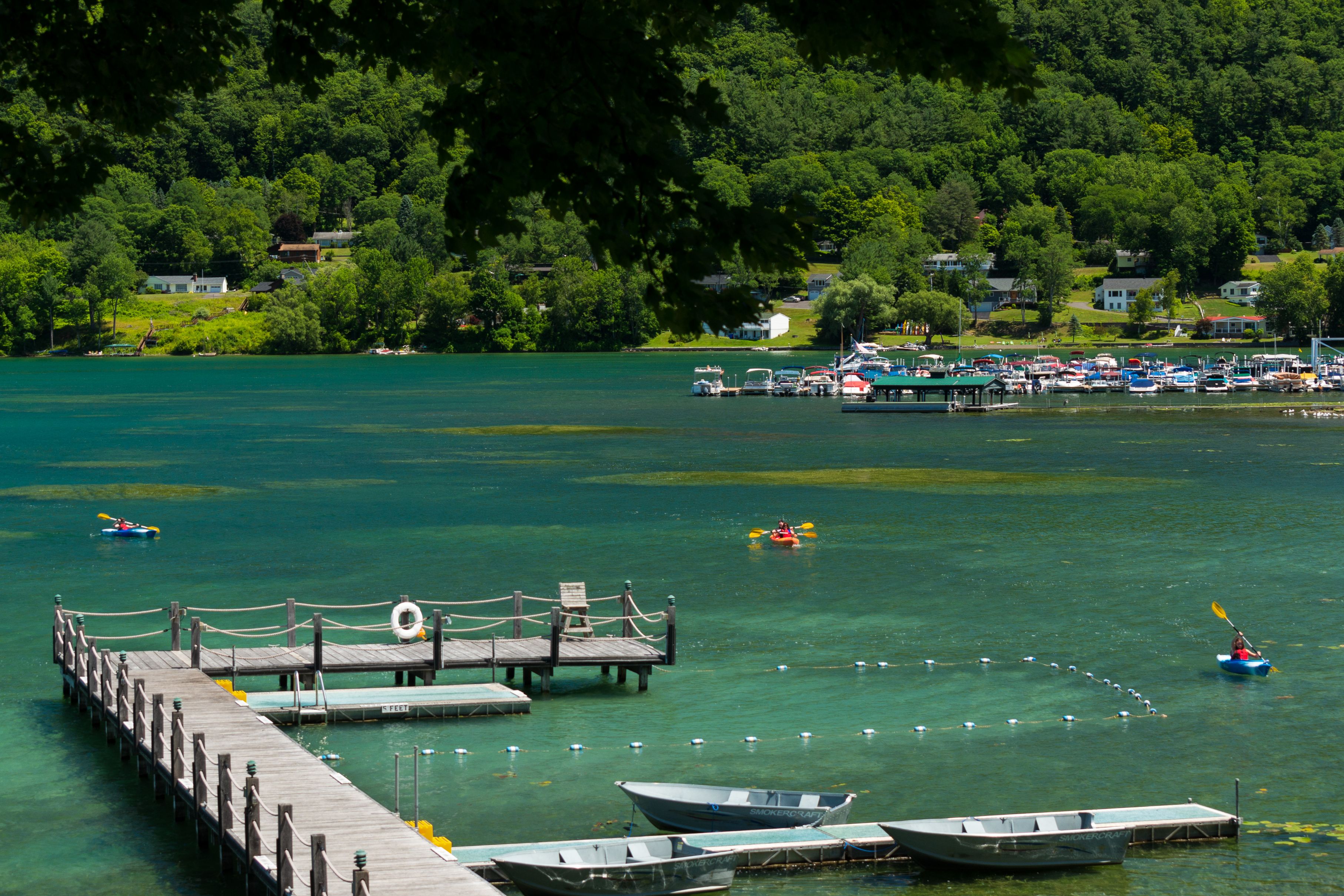 a dock with boats and a dock in the water