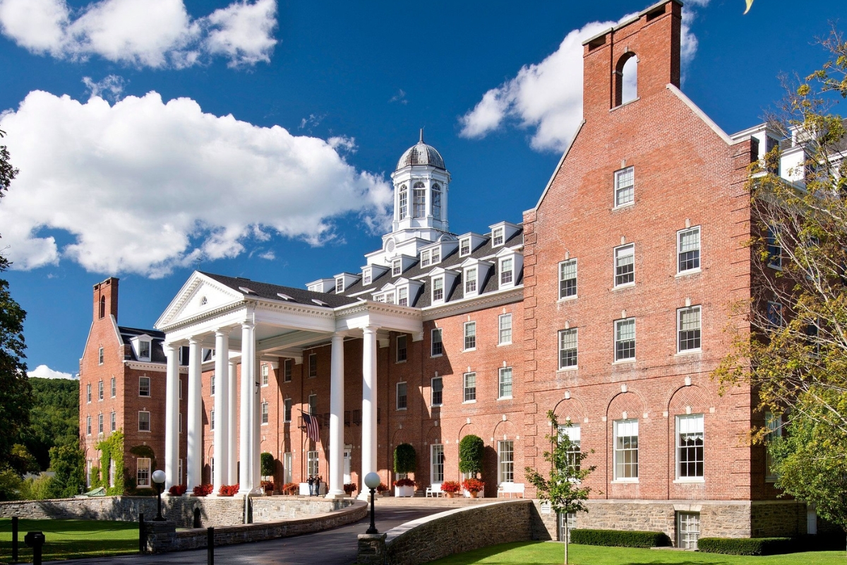 a large brick building with columns
