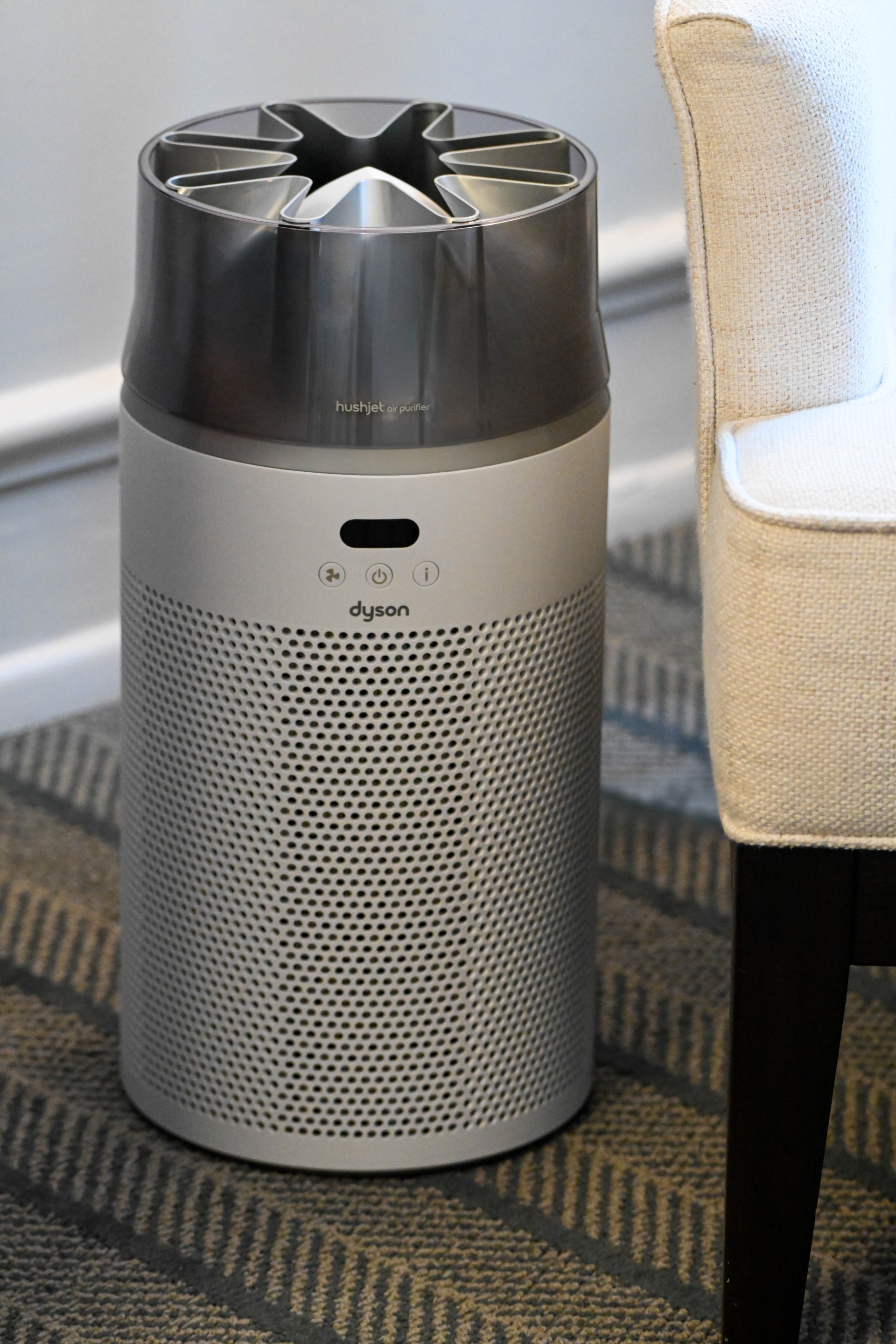 a grey and white air purifier