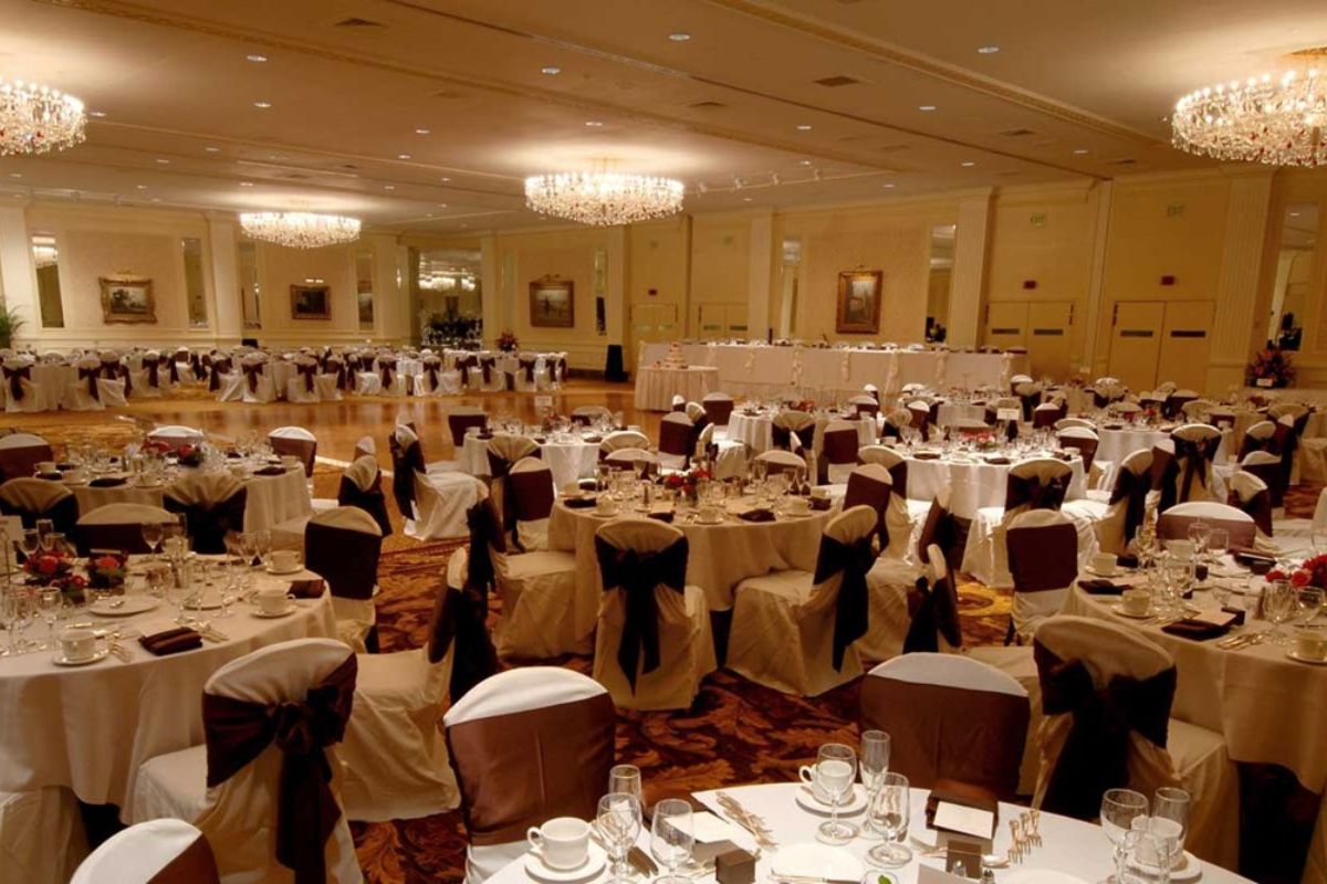 a room with tables and chairs