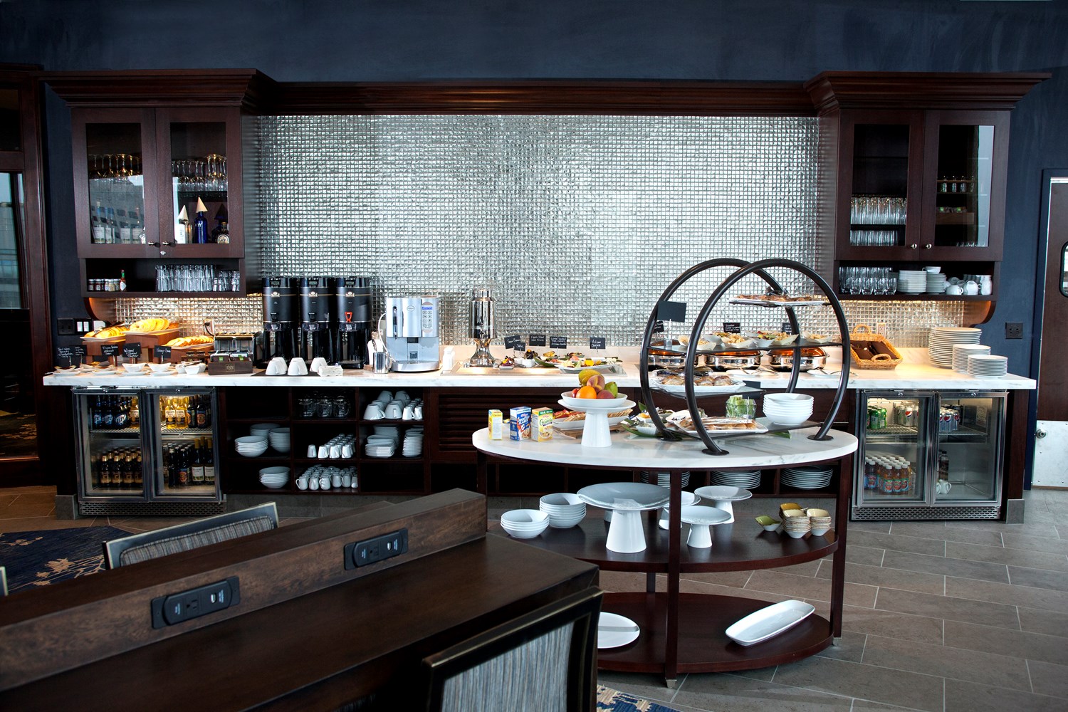 a restaurant with a buffet table