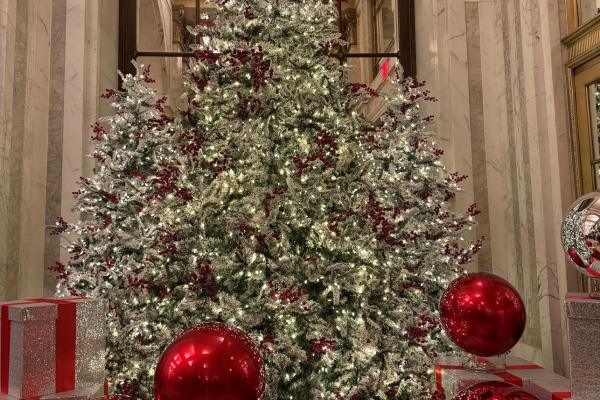 a christmas tree with red and white ornaments