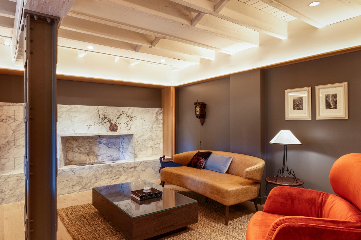 a living room with a couch and a coffee table