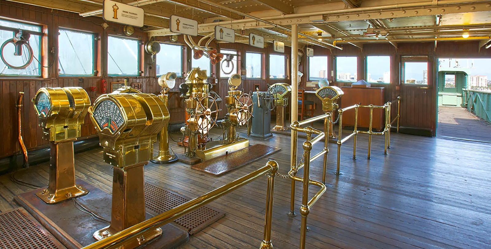 a room with a ship's wheel