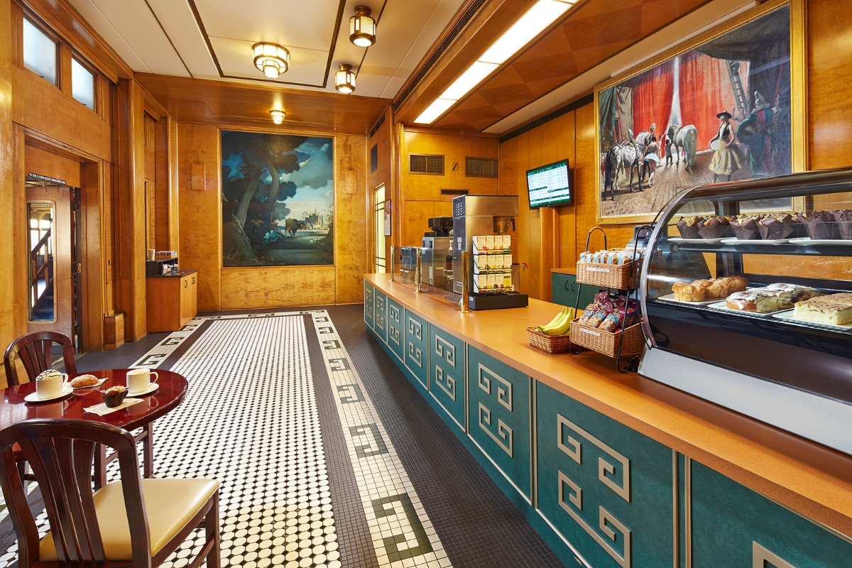 a coffee shop with a display case