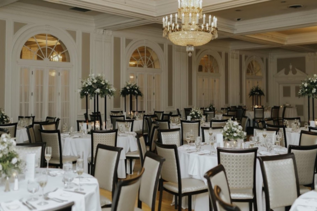 a room with tables and chairs