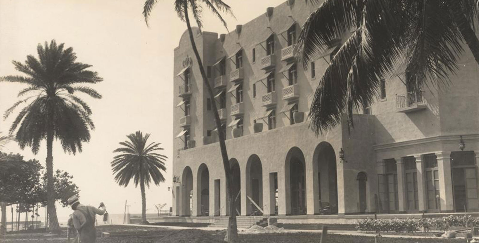 a building with palm trees
