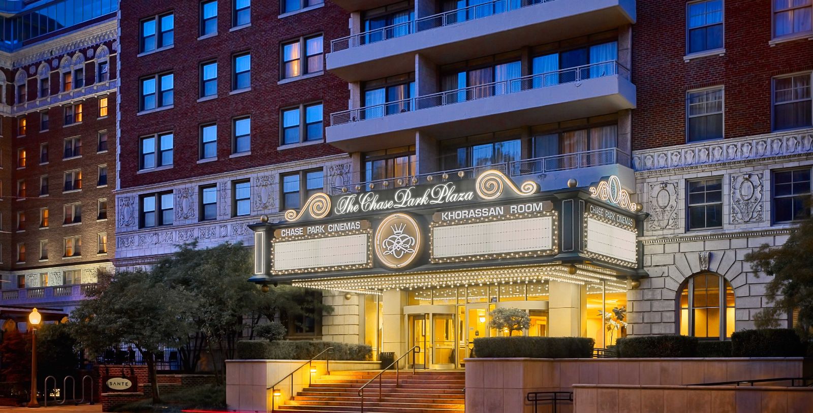 a building with lights on the front