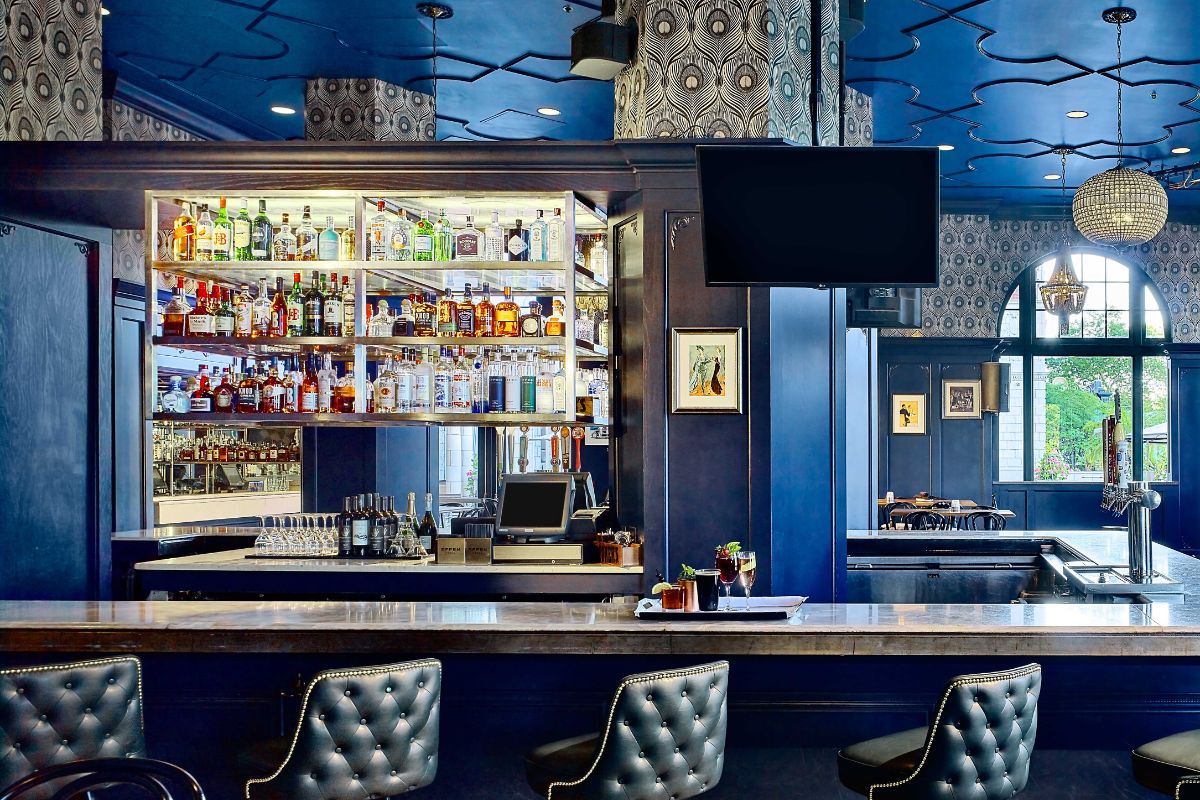 a bar with a shelf of liquor