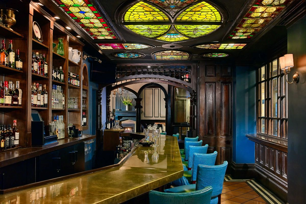 a bar with stained glass windows