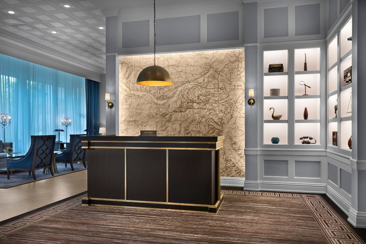 a reception desk in a hotel