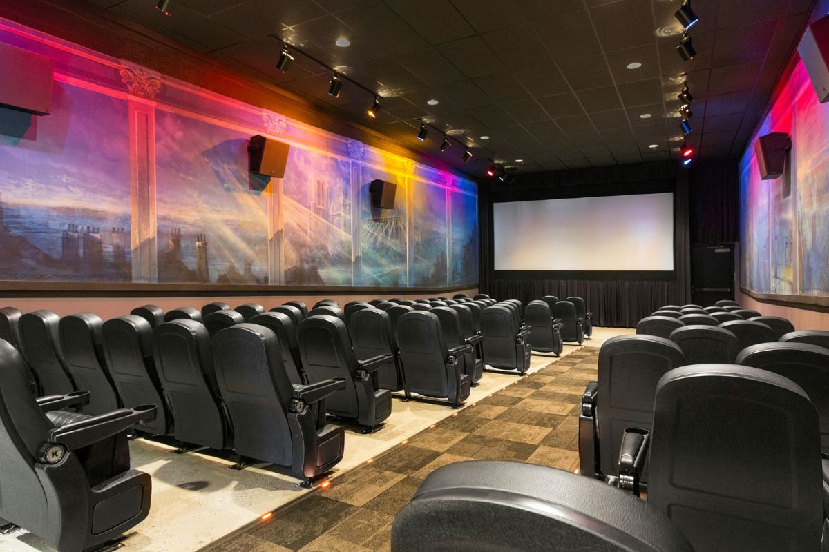 a movie theater with rows of chairs
