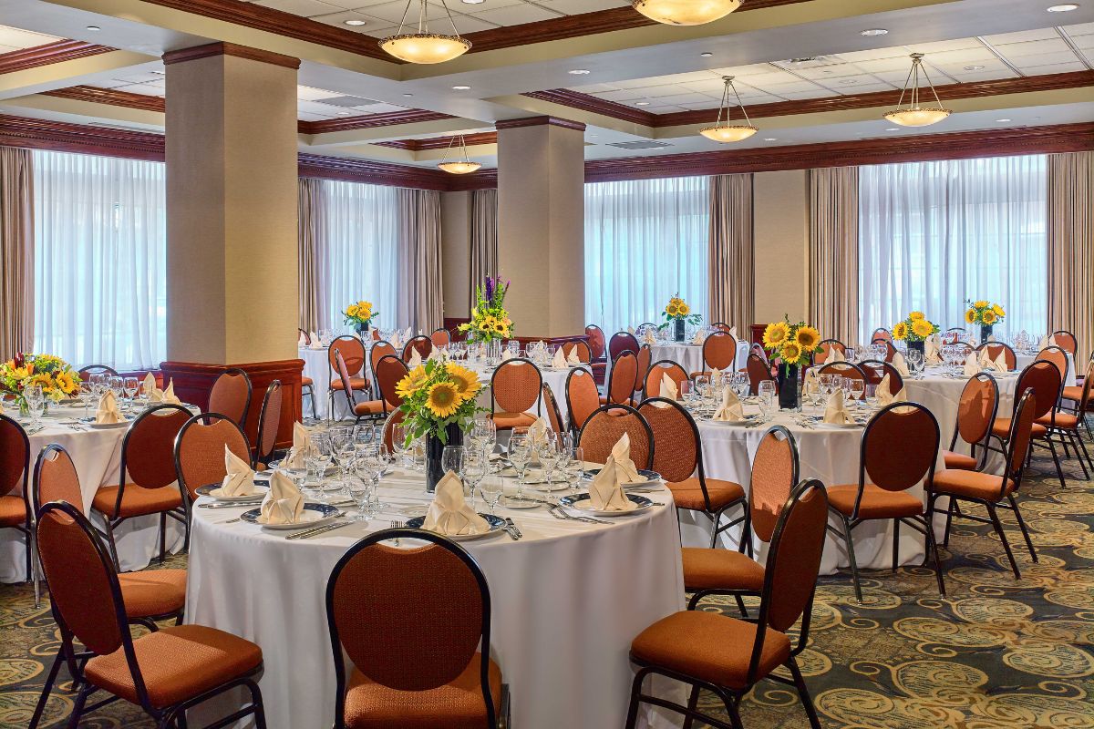 a room with tables and chairs