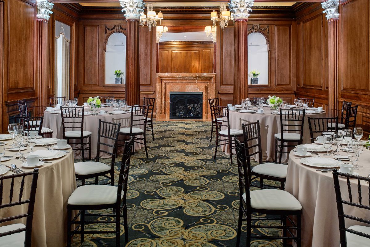 a room with tables and chairs