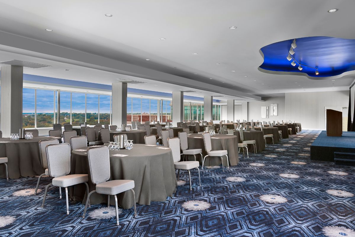 a room with tables and chairs