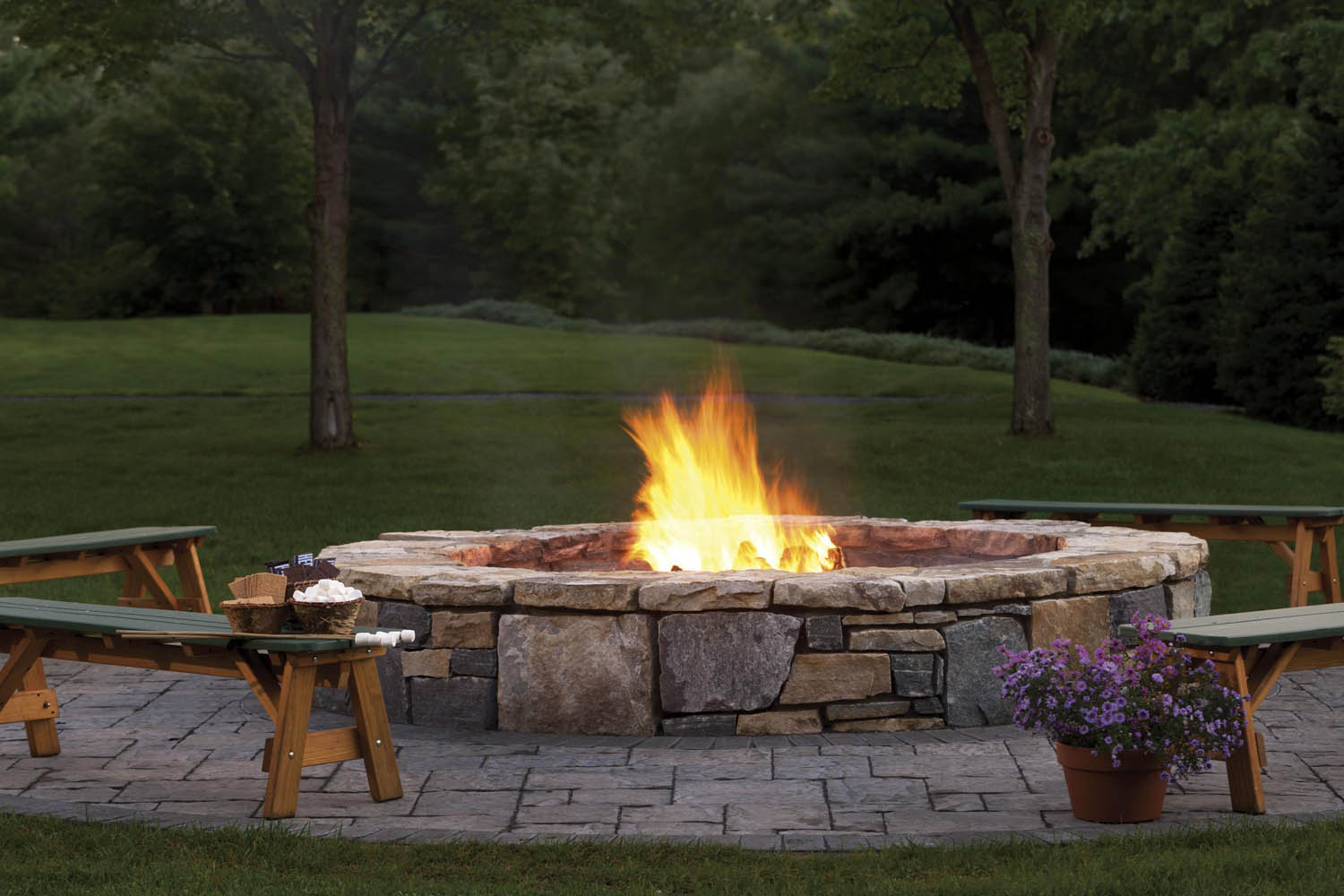 a fire pit with a fire and flowers in the grass