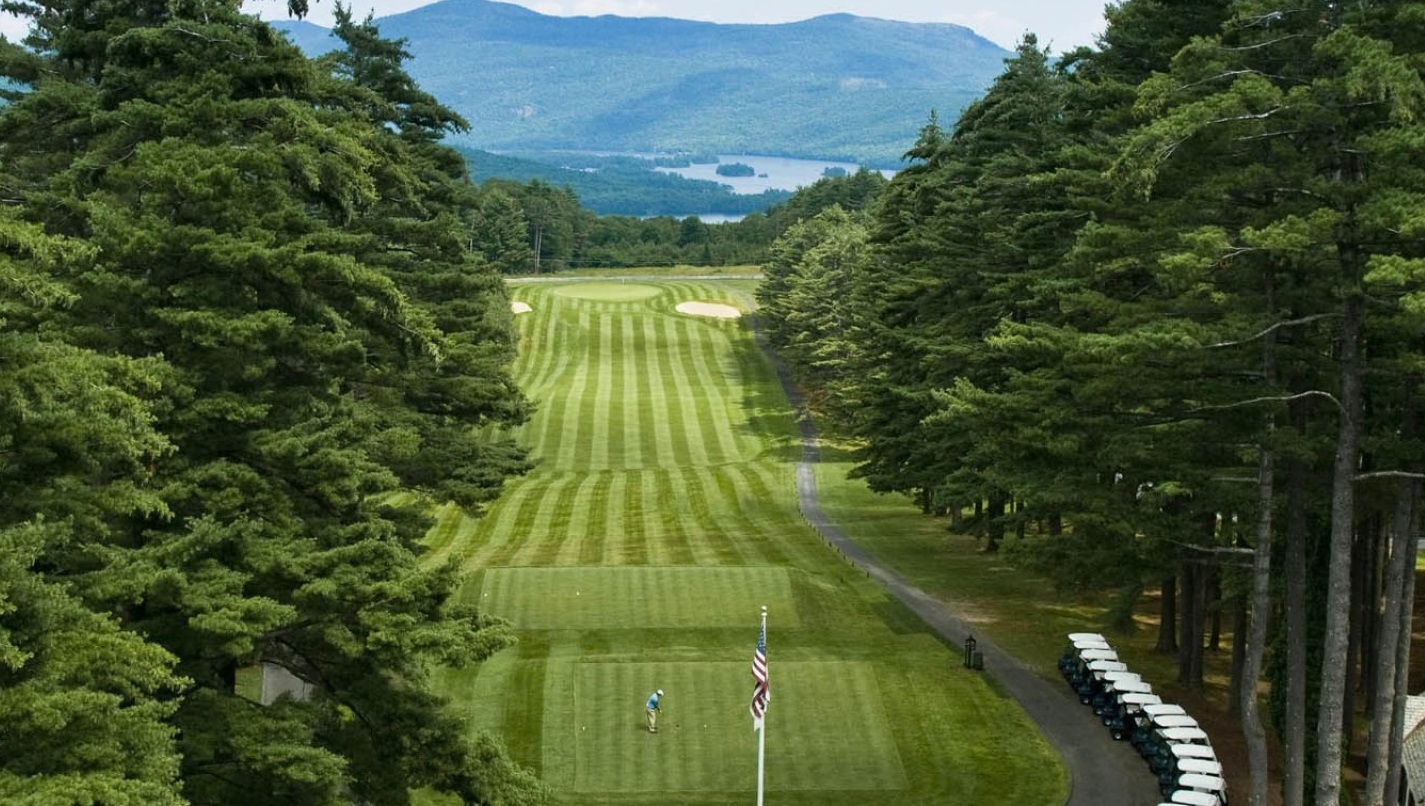 a golf course with a flag and trees