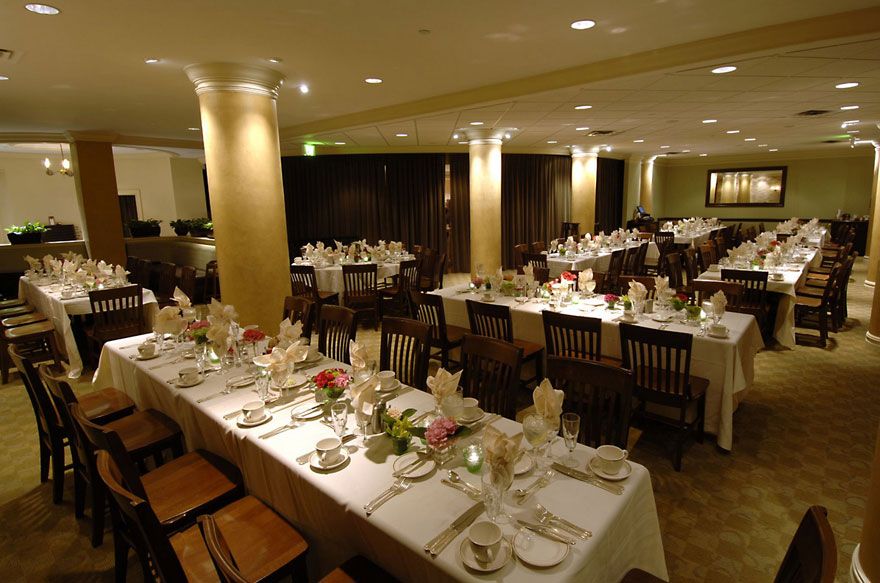 long tables set up for a party