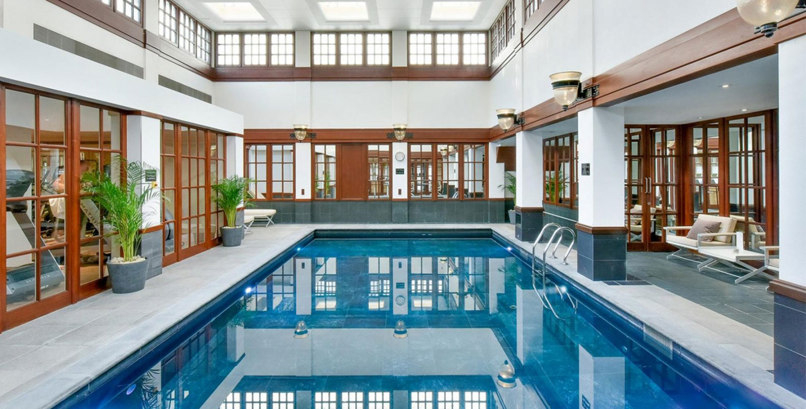 a swimming pool inside a building