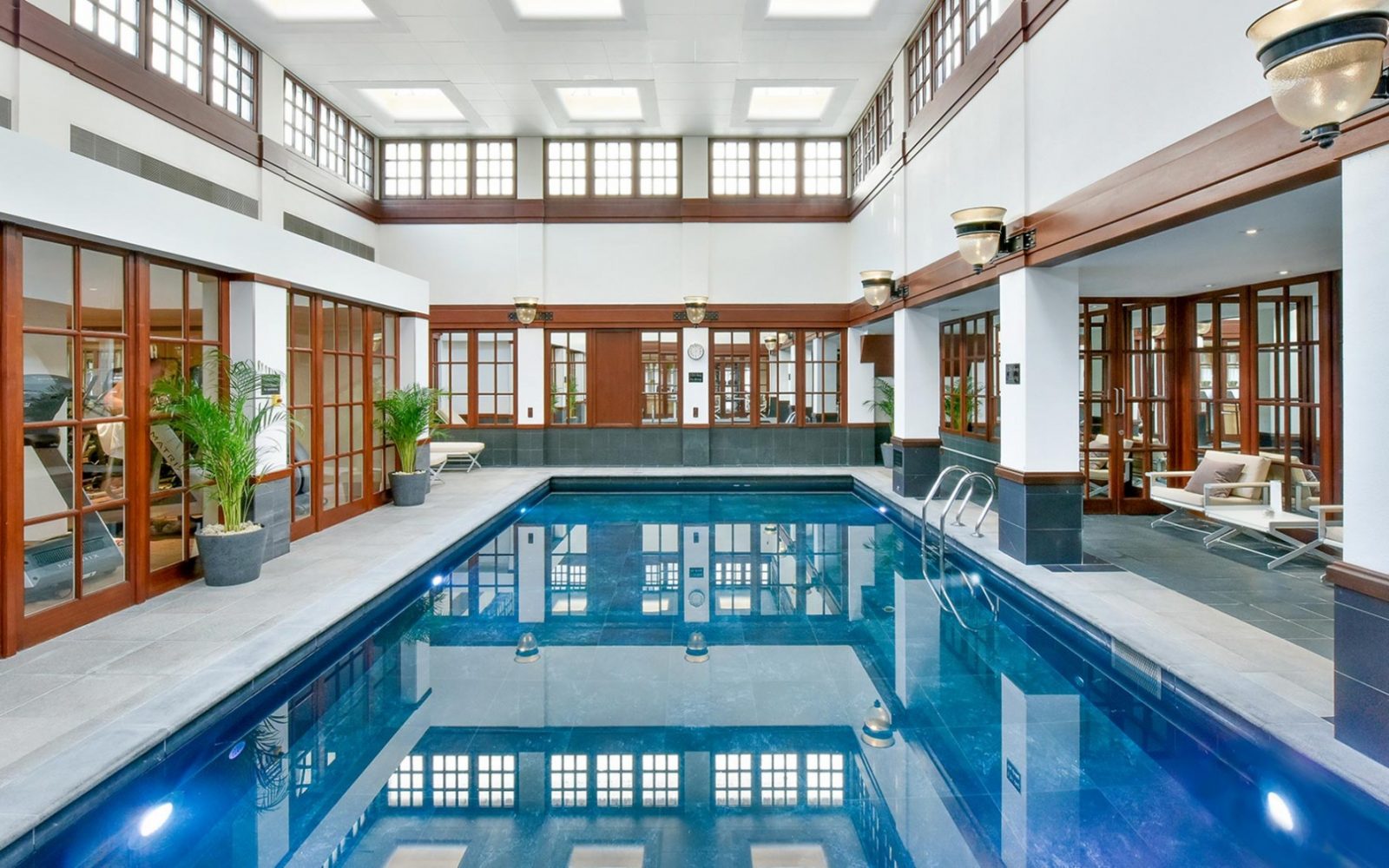 a indoor swimming pool in a building